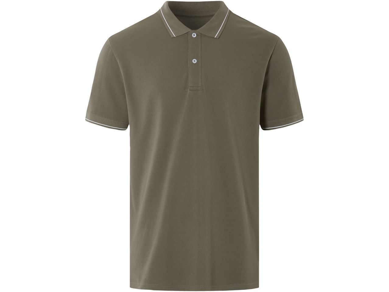 Polo a maniche corte verde oliva con dettagli bianchi.