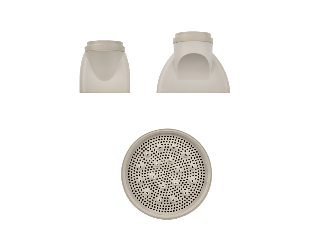 Sansibar® Haartrockneraufsätze: Stylingdüse, Diffusor und eine Nahaufnahme des Diffusors.