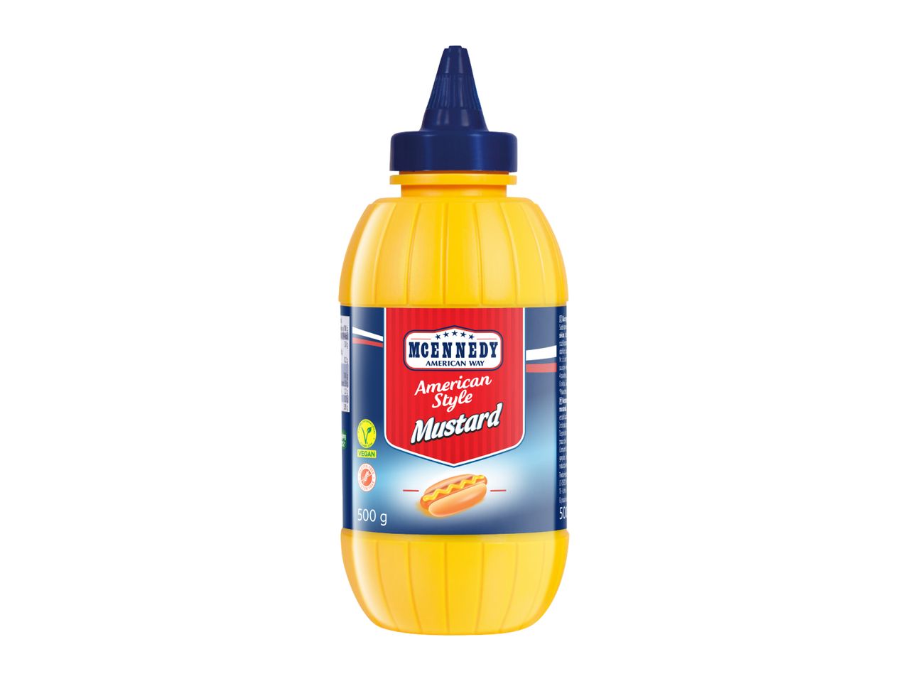 Yellow squeeze bottle of American style mustard with a hot dog graphic, 500g.