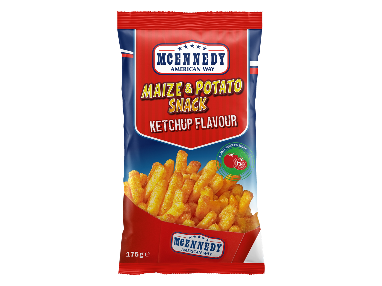 McKennedy maïs- en aardappel snacks, ketchup smaak.