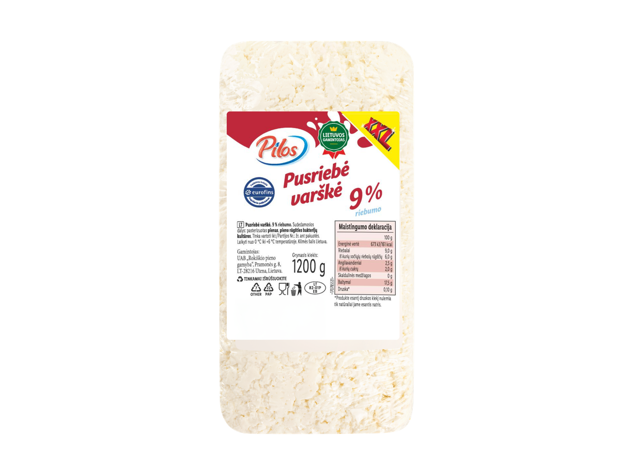 Pilos 9% riebumo varškė, 1200 g pakuotė.