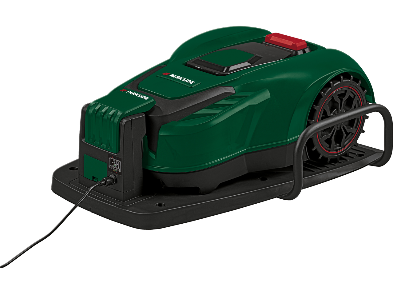 Parkside Roboter-Rasenmäher auf seiner Ladestation.