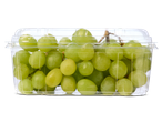 Een doorzichtig plastic bakje met groene druiven.