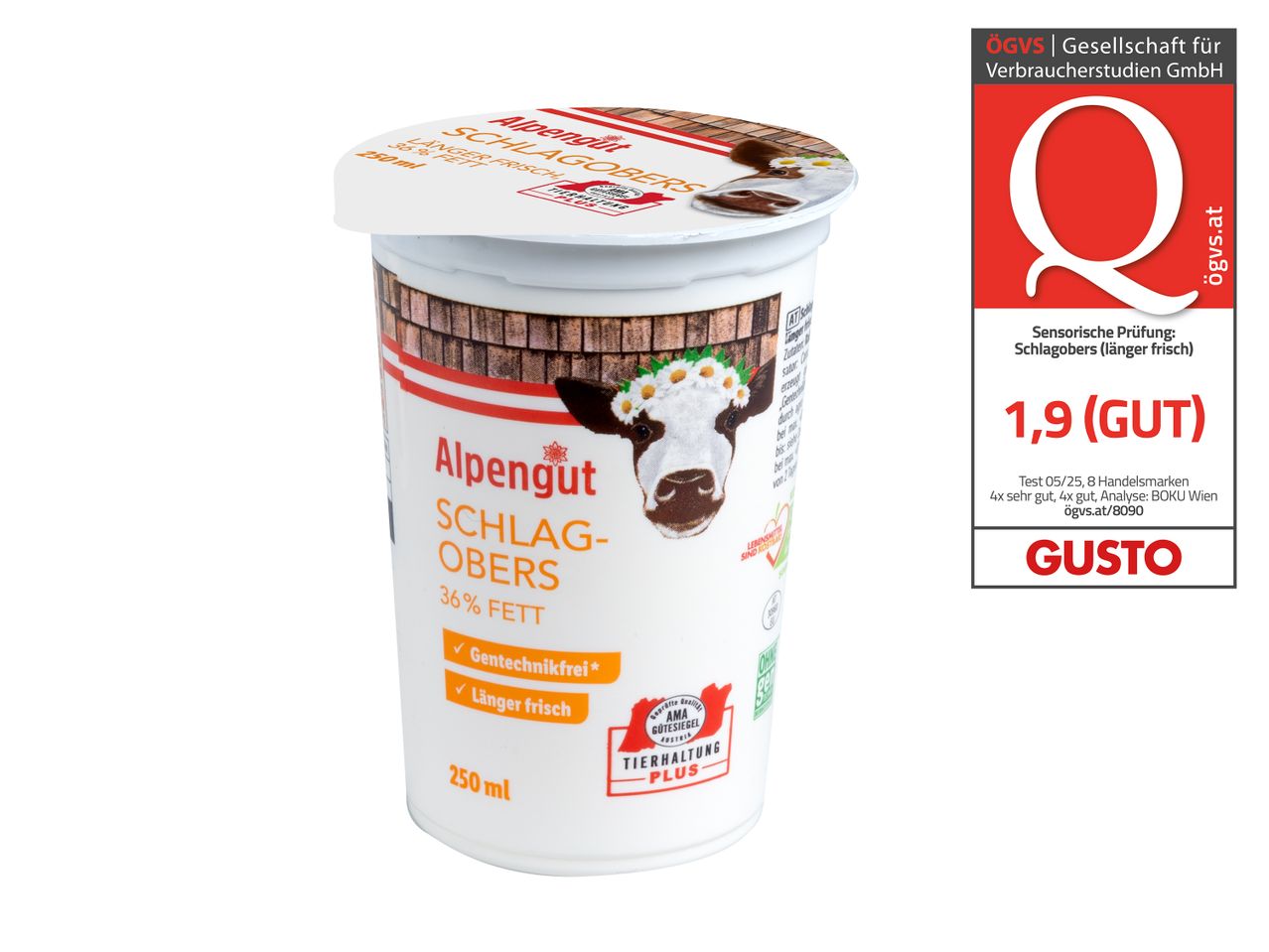 Alpengut Schlagobers 36% Fett, Qualitätssiegel.