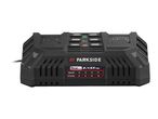Black dual battery charger with a table showing charging times for different capacities.