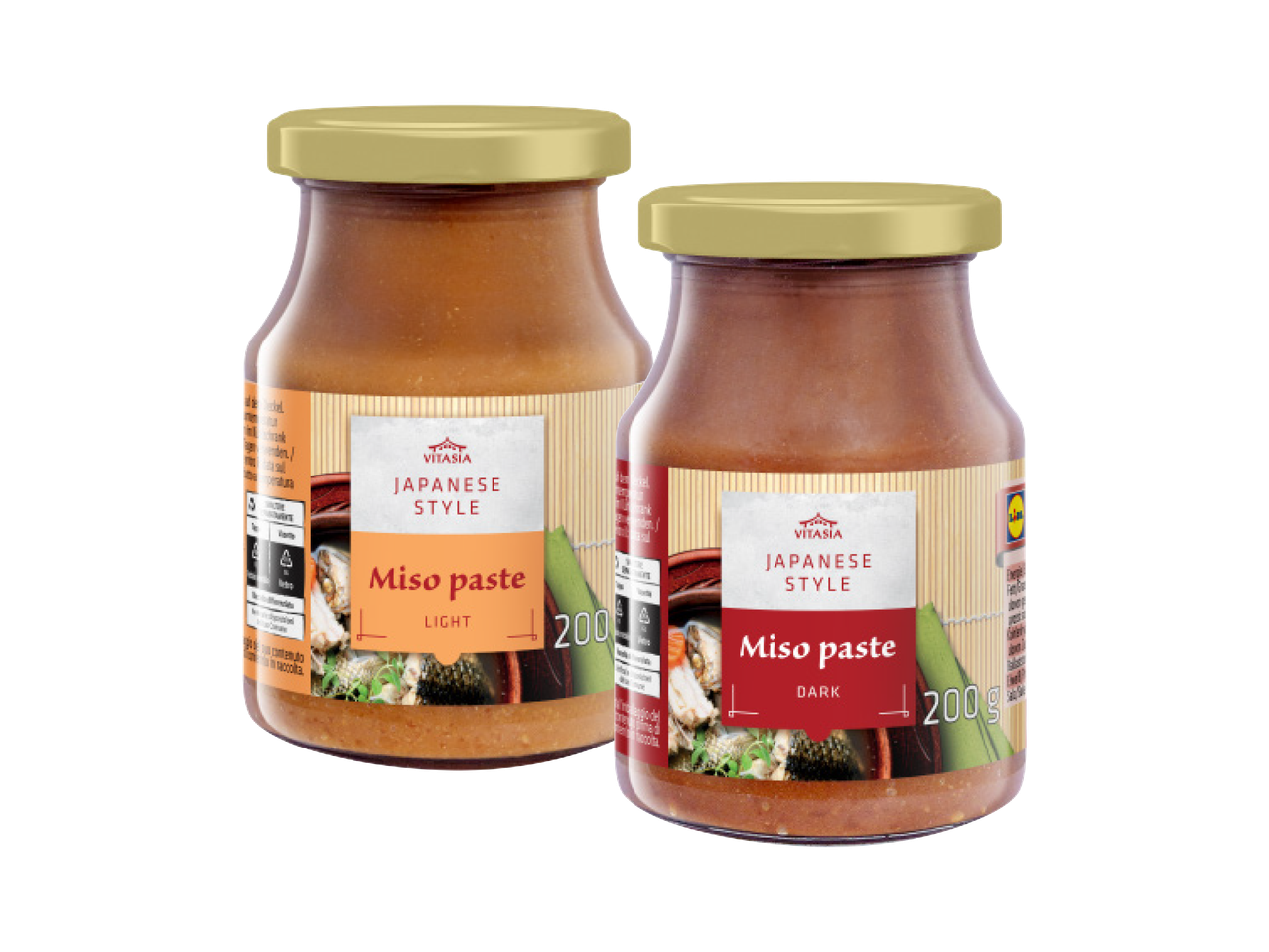 Vitáskia Japanese style miso paste, light and dark.