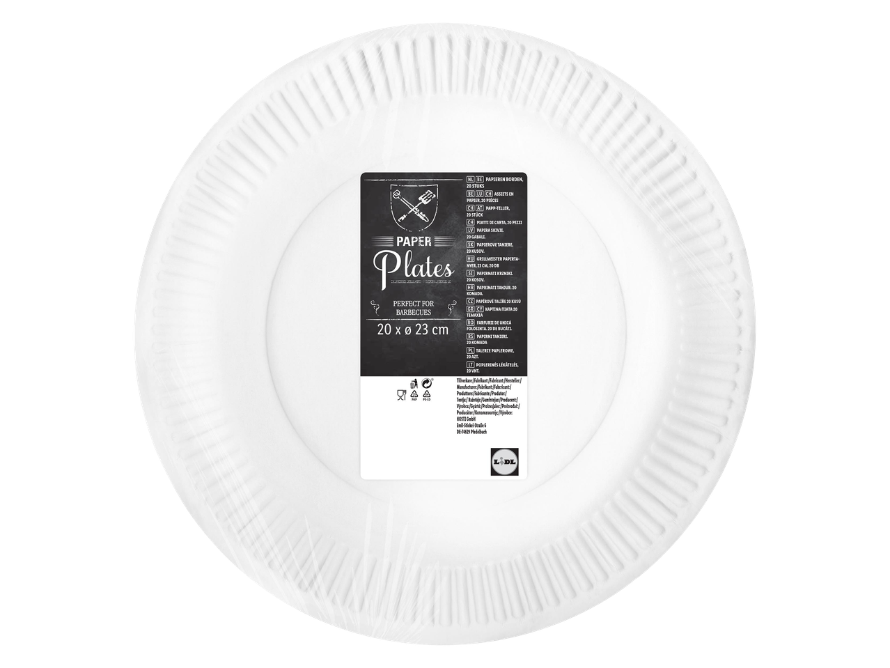 Fehér papírtányérok grillpartikhoz, 20 darabos kiszerelésben, 20 x 23 cm méretben.