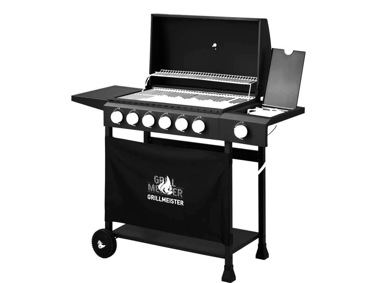 Grillmeister 6 Burner Gas Barbecue with side burner and storage shelf.