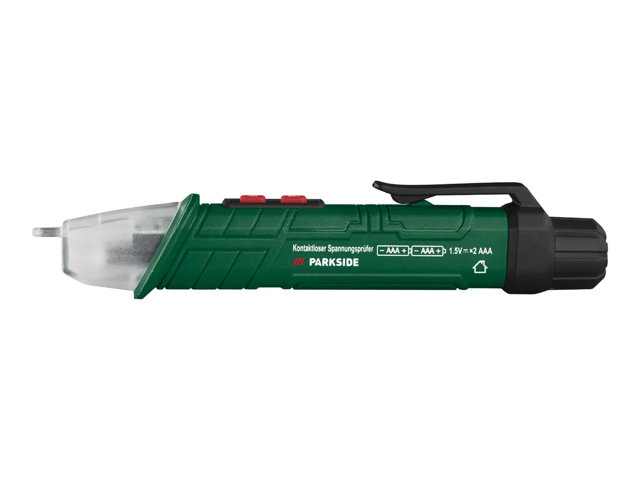 Green and black non-contact voltage tester with a clip and red buttons, branded Parkside.
