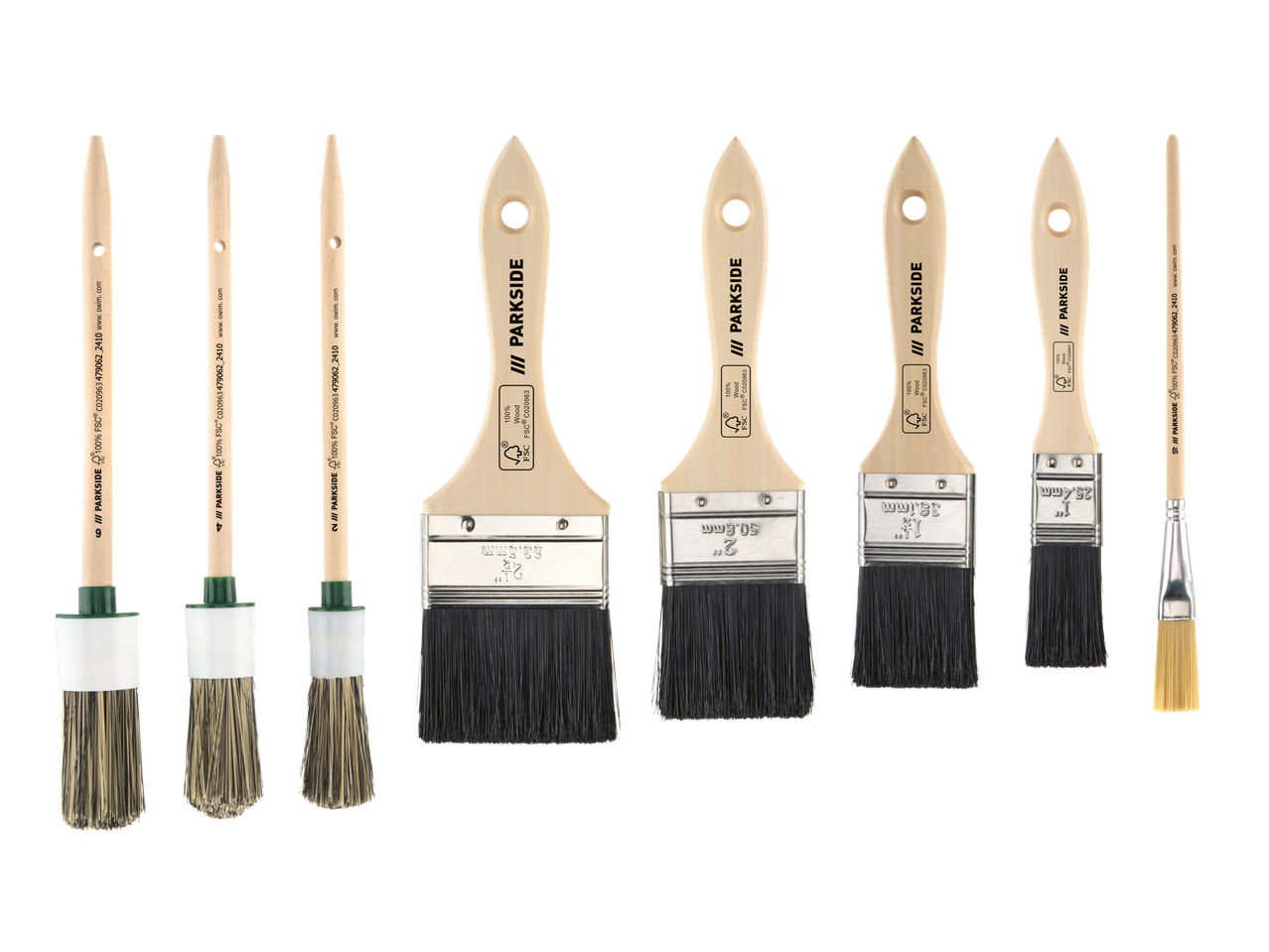 PARKSIDE® Paintbrush Set with various flat and round brushes, some with FSC-certified wooden handles.