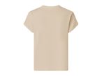Back view of a plain beige short-sleeved t-shirt with rolled-up sleeves.