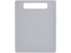 A white plastic cutting board with a handle.