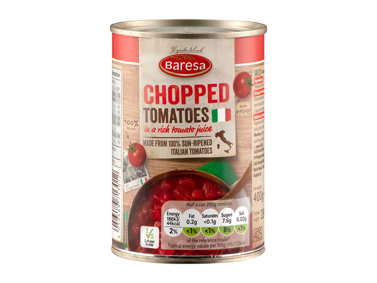 Barresa chopped tomatoes in a can: 100% sun-ripened Italian tomatoes.