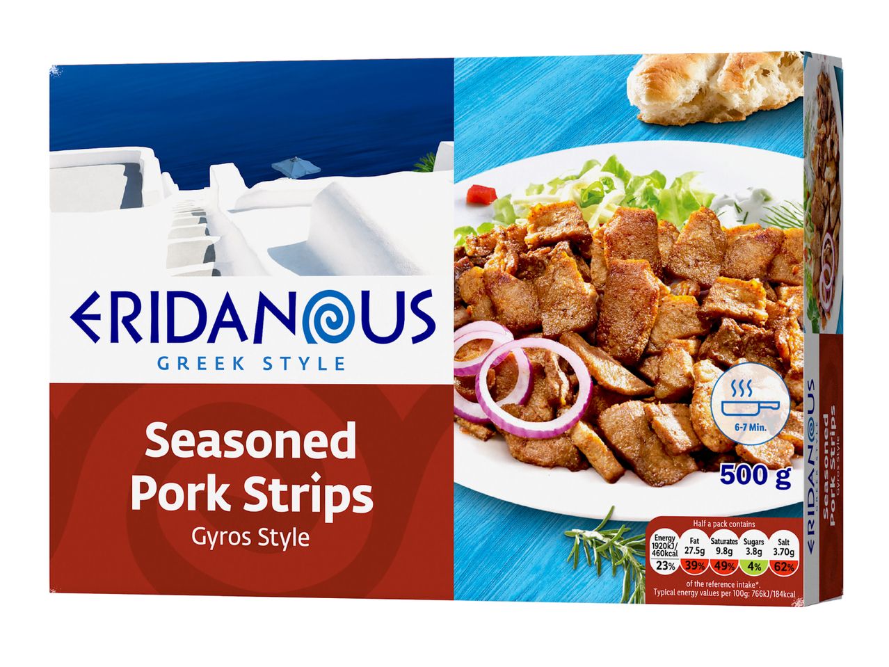 Seasoned pork strips, gyros style, with nutritional information, against a Greek-themed background.