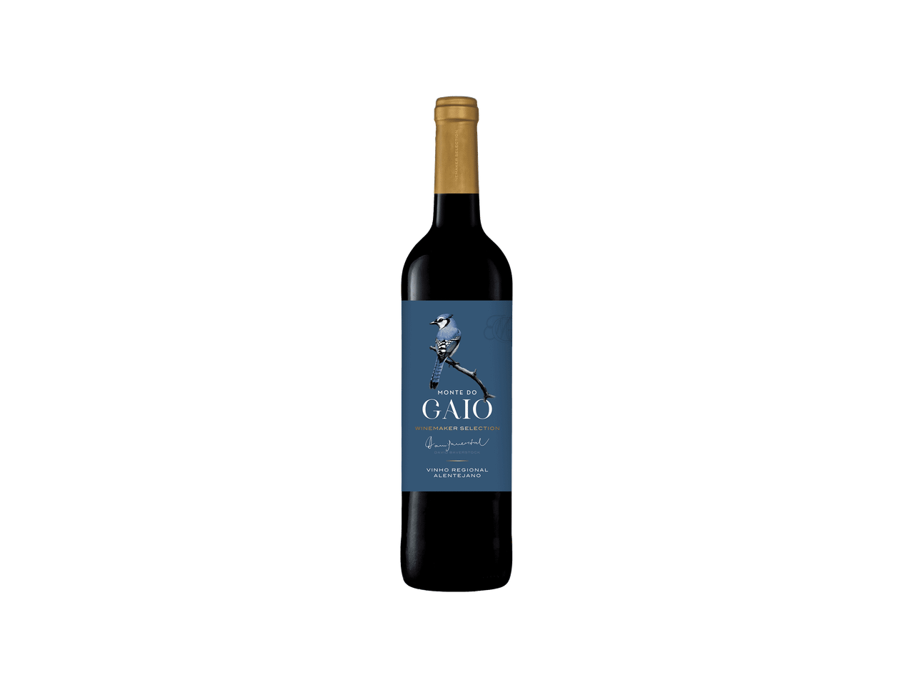Garrafa de vinho tinto com rótulo azul e ilustração de um pássaro azul num ramo.