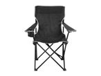 Black folding camping chair with cup holder.