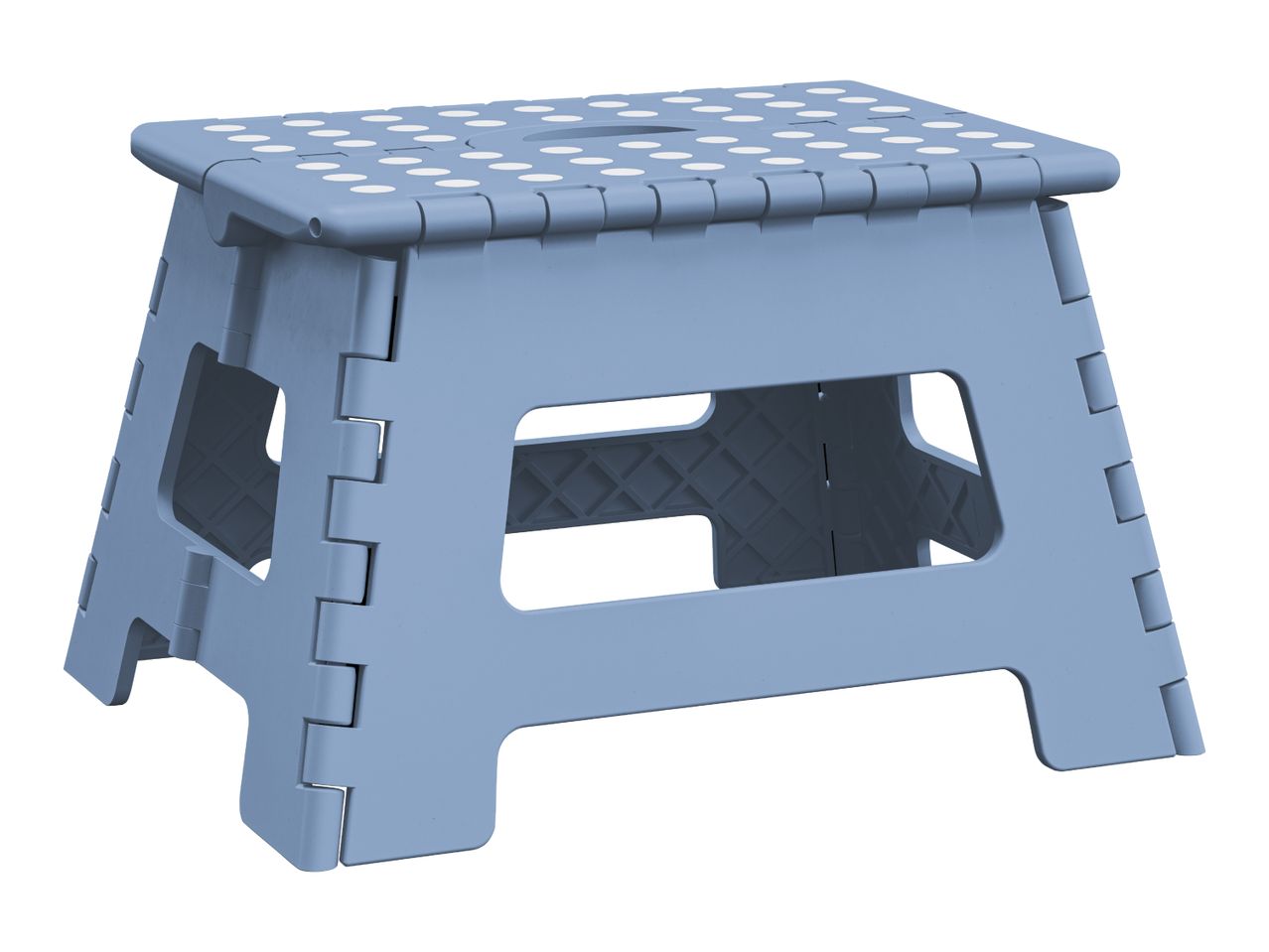 A blue plastic folding step stool with white polka dots on the top.