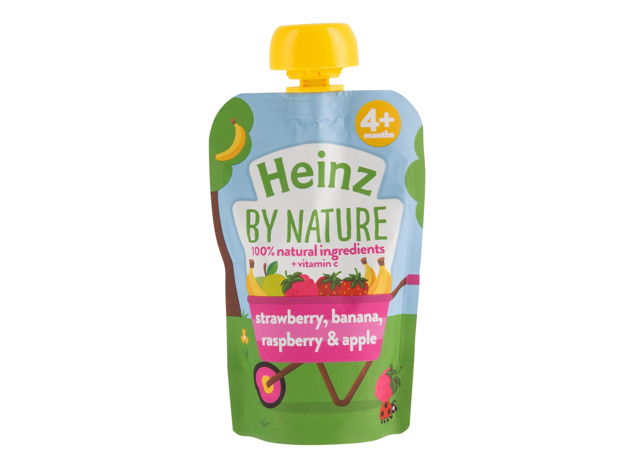 Heinz By Nature Strawberry, Banana, Raspberry & Apple Fruit Pouch for 4+ months.