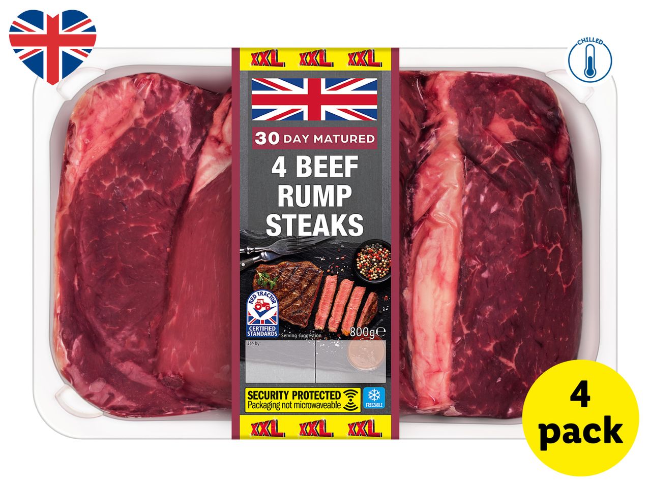 4-pack of chilled, 30-day matured beef rump steaks, 800g, with a Union Jack flag.