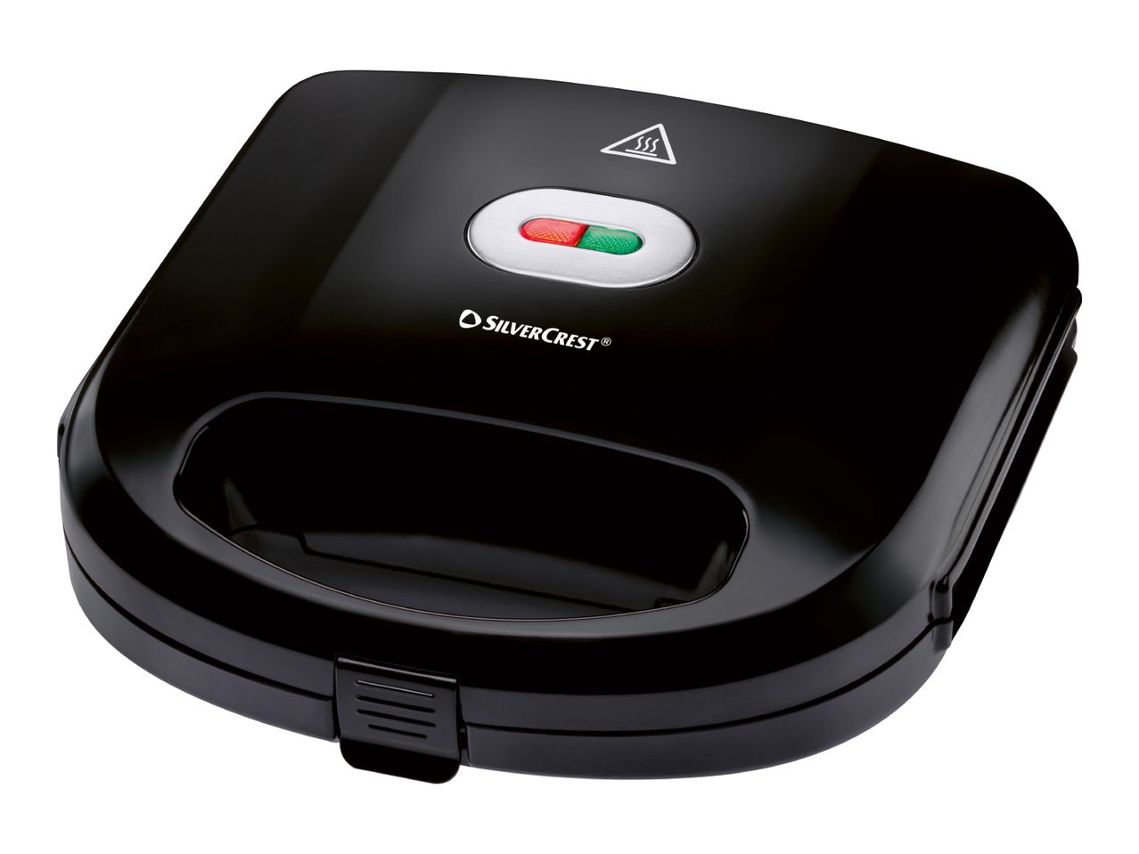 Black sandwich maker with red and green indicator lights and a hot surface warning symbol.