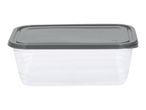 Rectangular clear plastic food storage container with a dark grey lid.