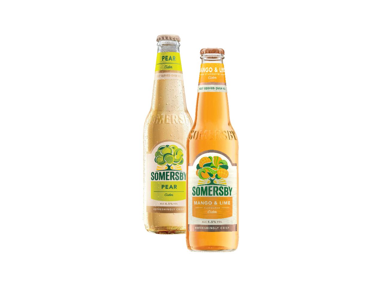Dve boce Somersby jabukovače: kruška i mango-limeta.
