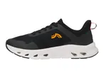 Black and white athletic shoe with orange accents and a textured sole.