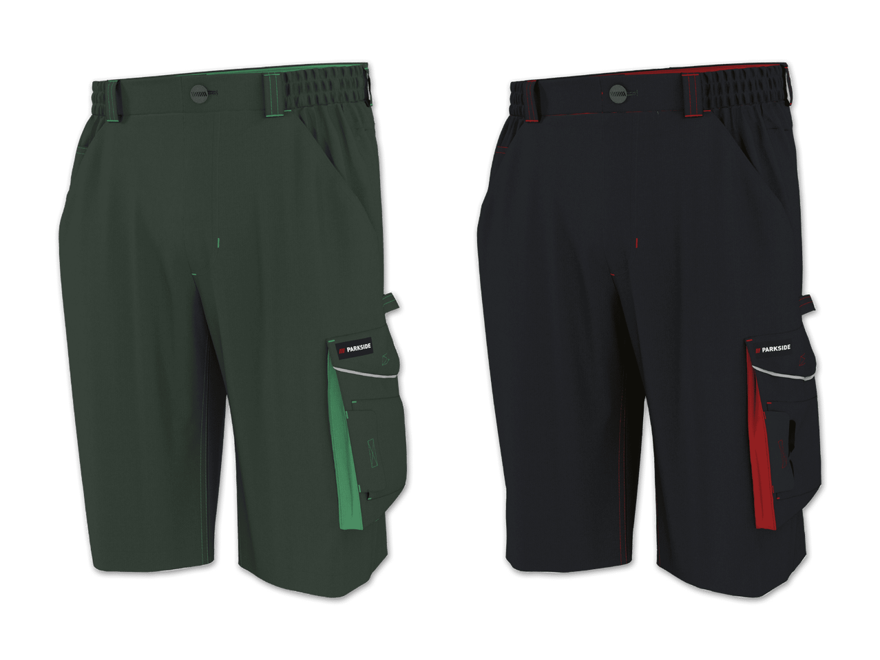 Zwei Arbeitsshorts in Dunkelgrün mit hellgrünen Akzenten und Schwarz mit roten Akzenten.