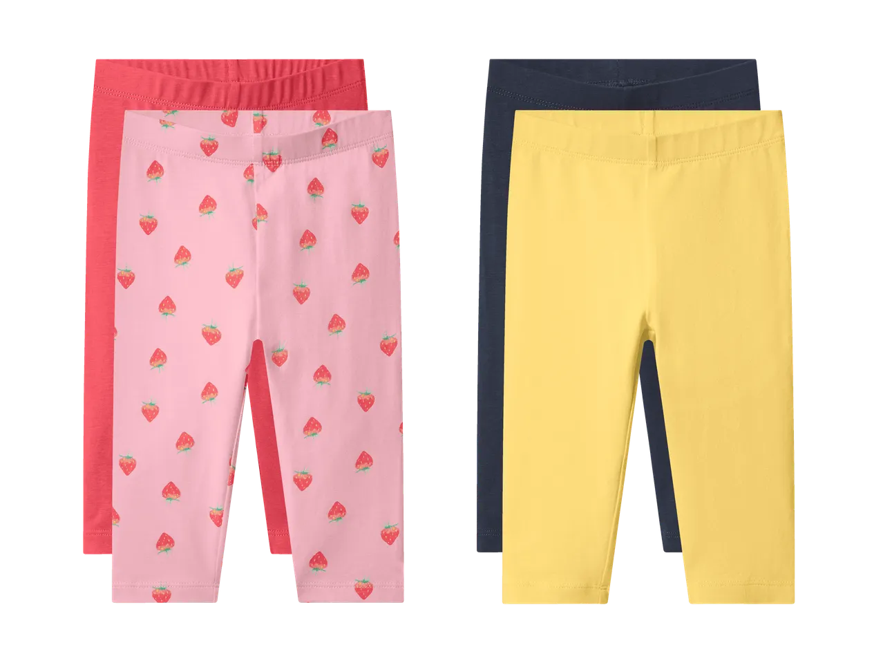 2er-Pack Kinderleggings: eine rosa mit Erdbeermuster und eine einfarbige gelbe, mit einer roten und einer dunkelblauen Leggings im Hintergrund.