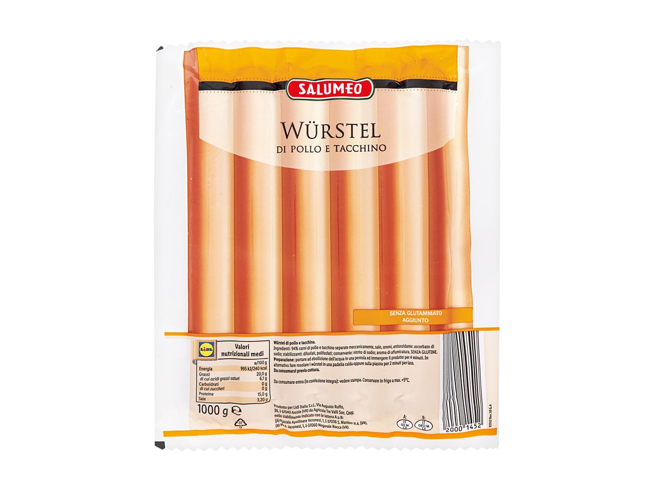 Confezione di würstel di pollo e tacchino Salumeo da 1000g.