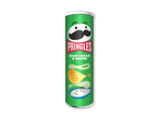 Grøn rørformet emballage med en chip, løg og en skål creme fraiche.
