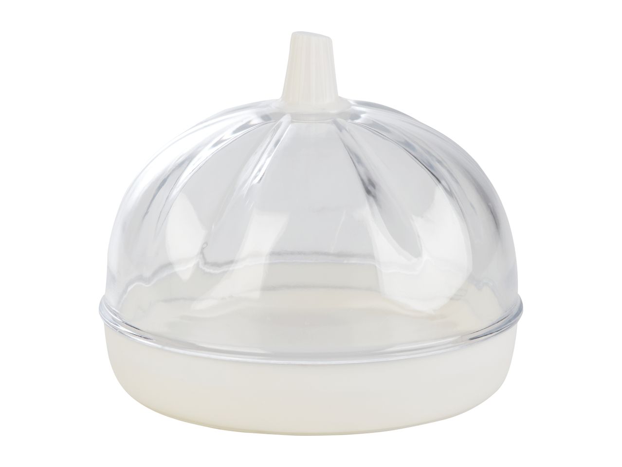 A clear plastic food warmer with a dome-shaped top and a small spout.