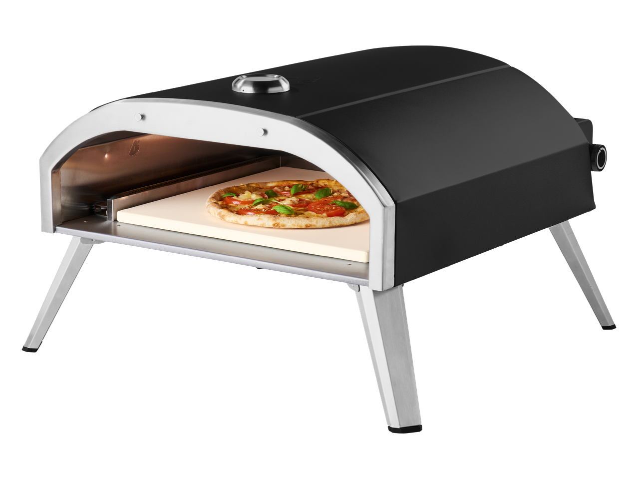 Prijenosna pećnica za pizzu s pizzom unutra, na crnoj pozadini.