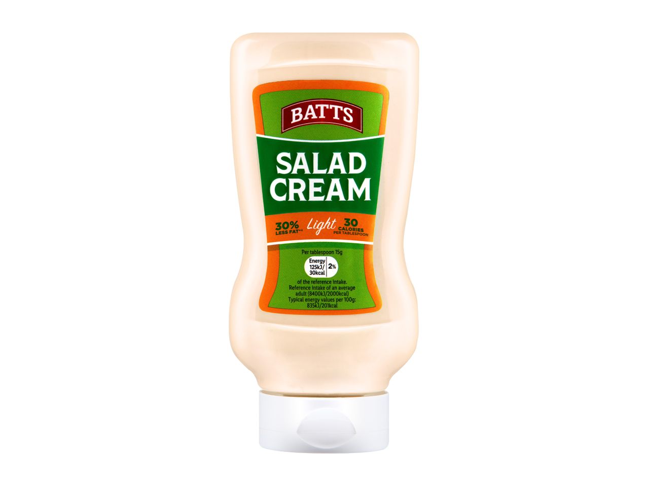 A bottle of light salad cream with a green and orange label, highlighting 30% less fat and 30 calories per tablespoon.