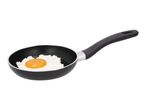 Fried egg in a black frying pan with a black handle.