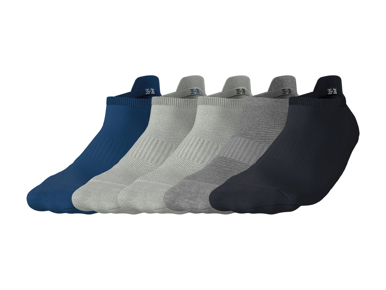 Five pairs of ankle socks in blue, light gray, medium gray, dark gray, and black.