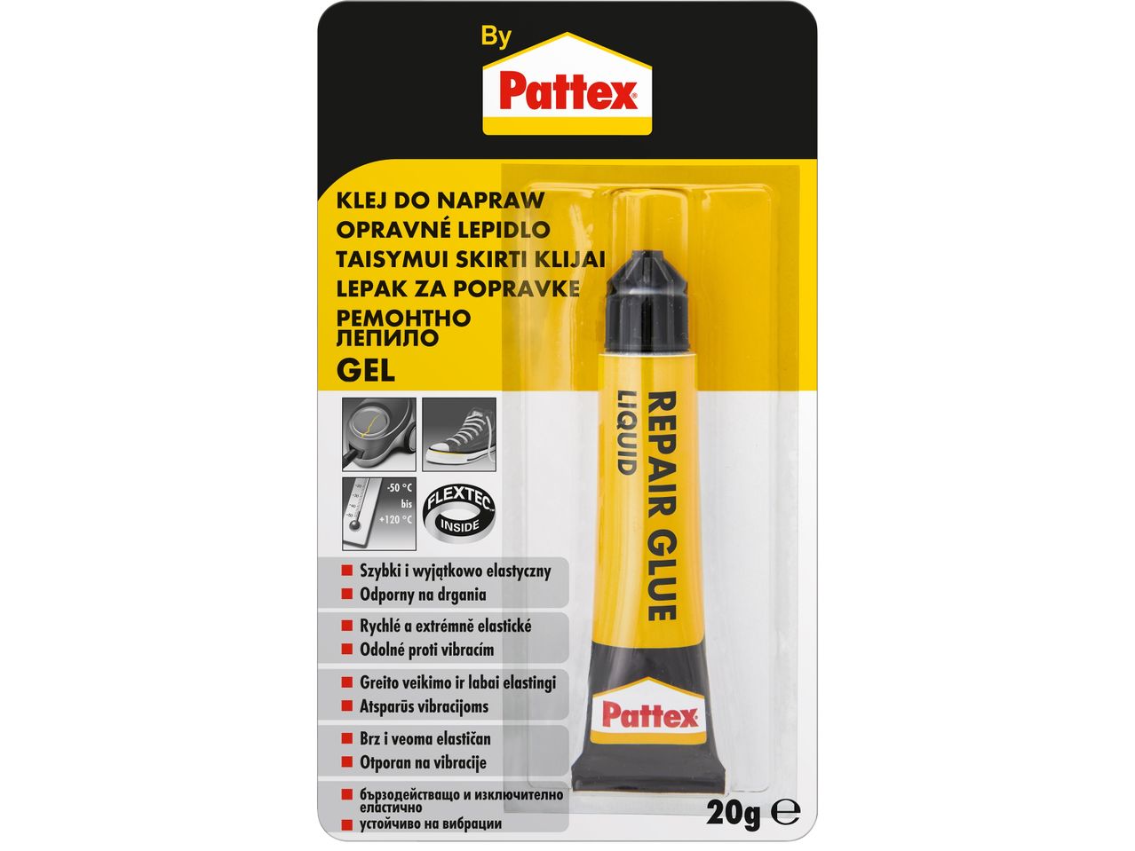 Лепило Pattex Repair Glue за бързо и еластично залепване, устойчиво на вибрации.