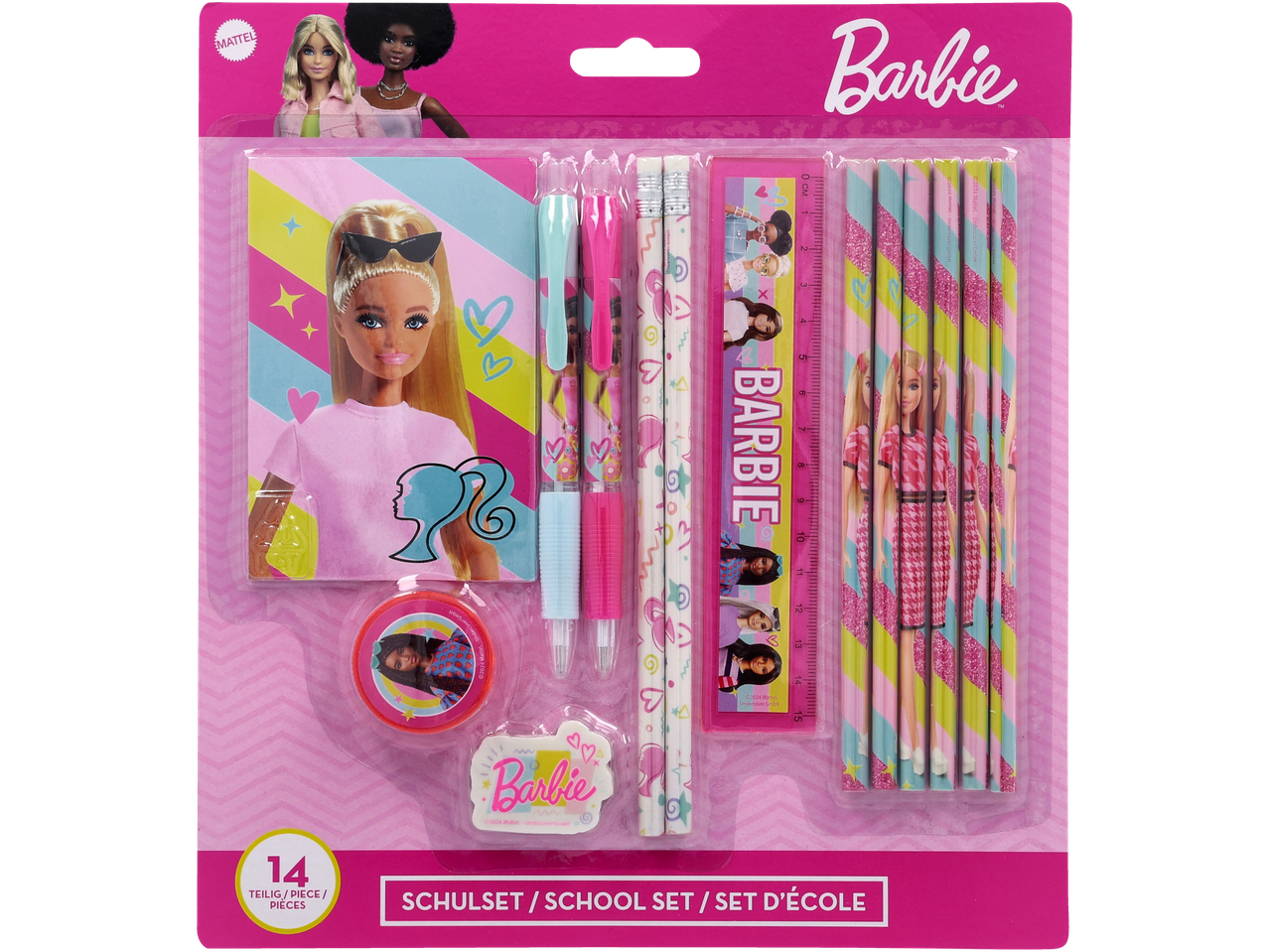 Barbie-skolset med anteckningsblock, pennor, pennor och linjal.