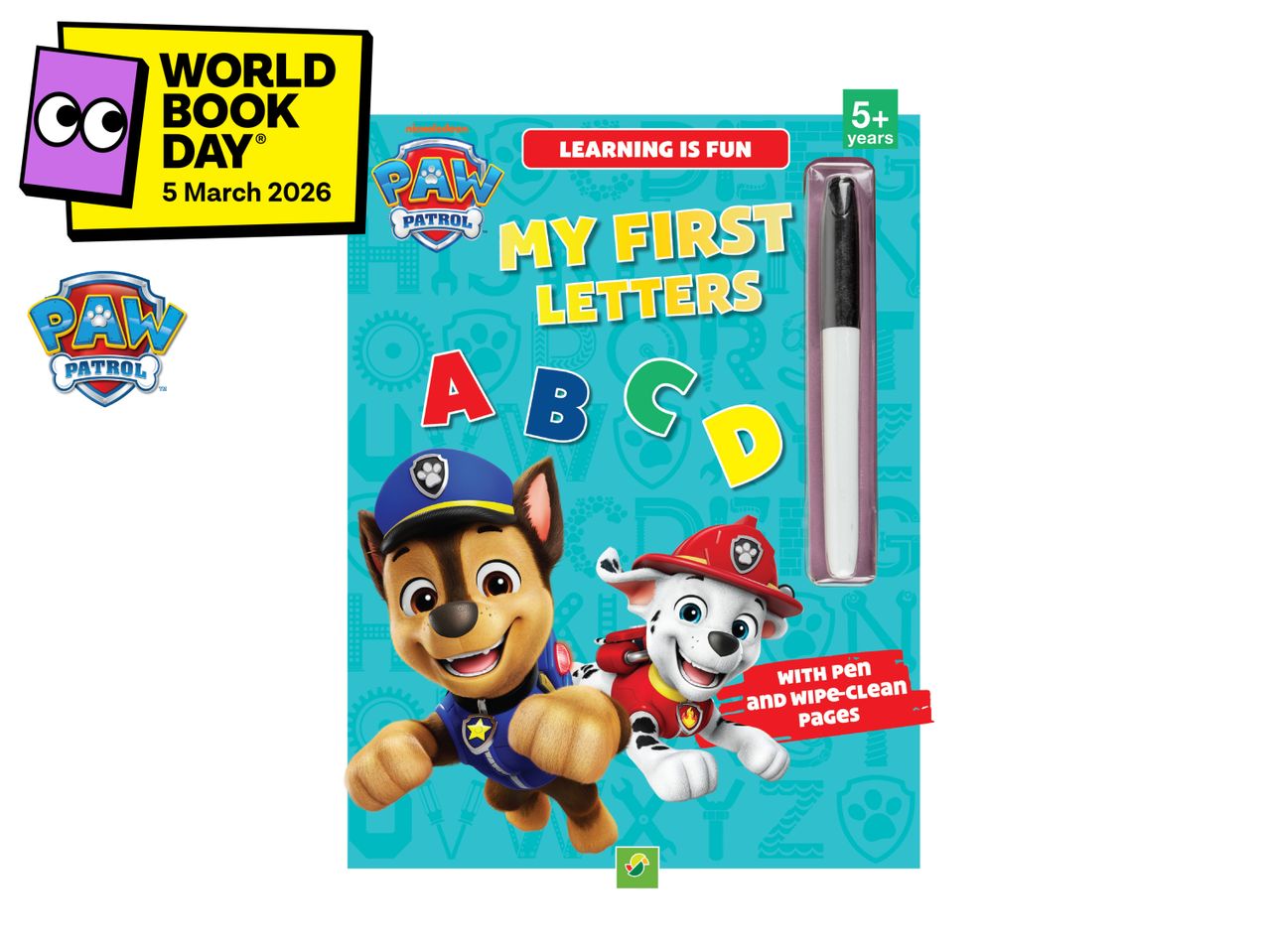 Children's learning book with letters, featuring cartoon dogs, a pen, and wipe-clean pages.