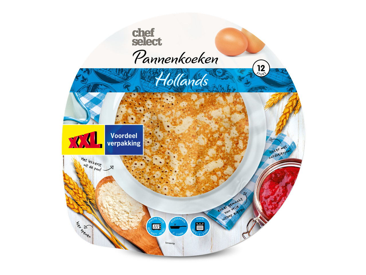 Verpakking voor 12 Hollandse pannenkoeken, met bereidingsinstructies en serveersuggesties.