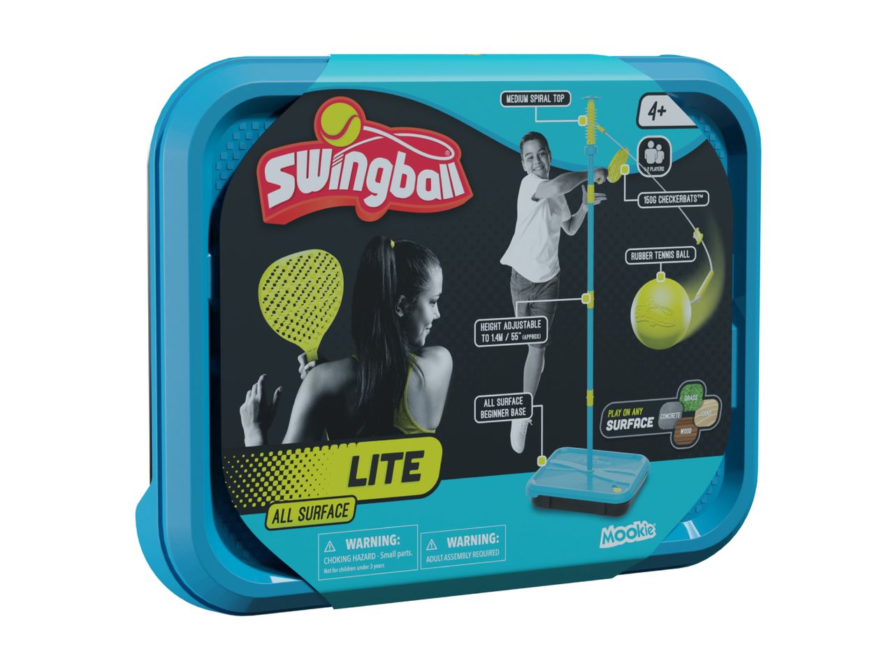 Swingball Lite set with adjustable height, all-surface base, checkerbats, and rubber tennis ball.