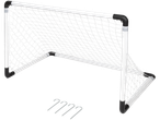 Soccer goal with white net and metal stakes.