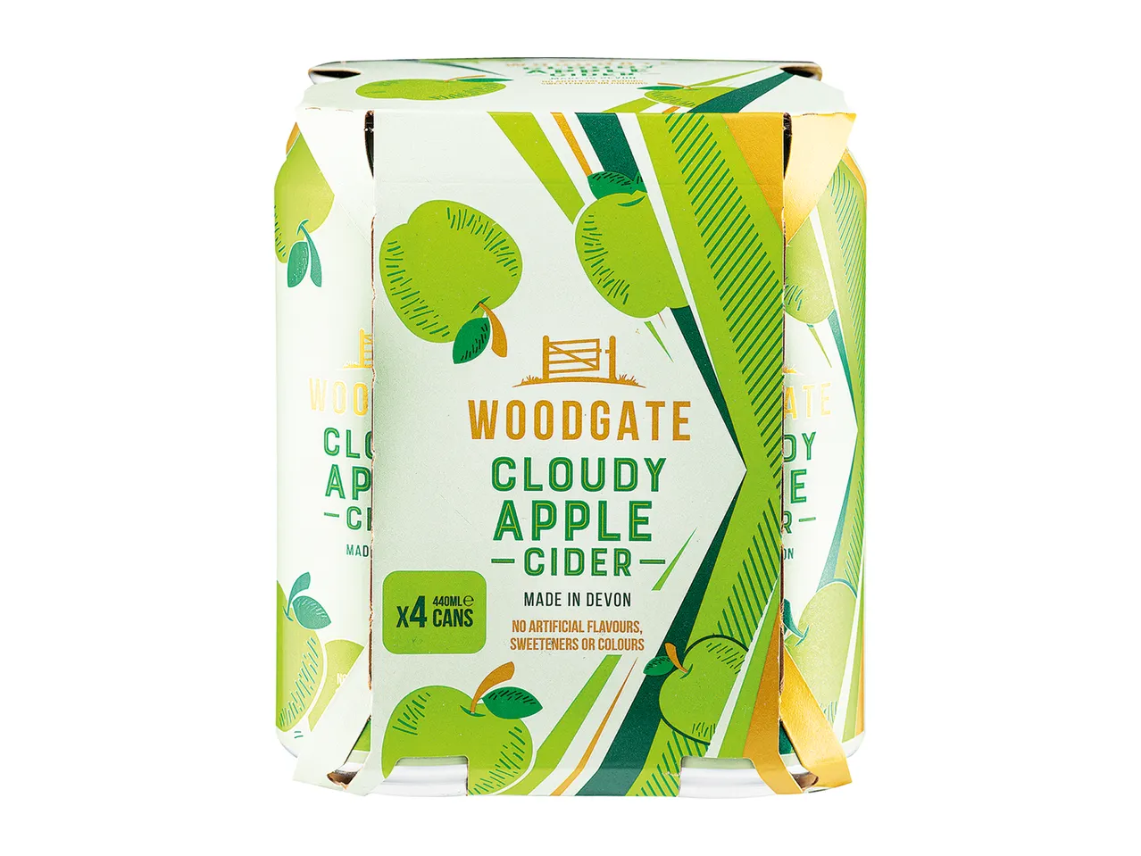 Four cans of Woodgate Cloudy Apple Cider.