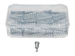 A clear plastic box filled with metal drywall anchors, with one anchor shown separately below.