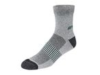 A single gray sock with dark gray accents on the heel and toe, and green stripes on the sole.