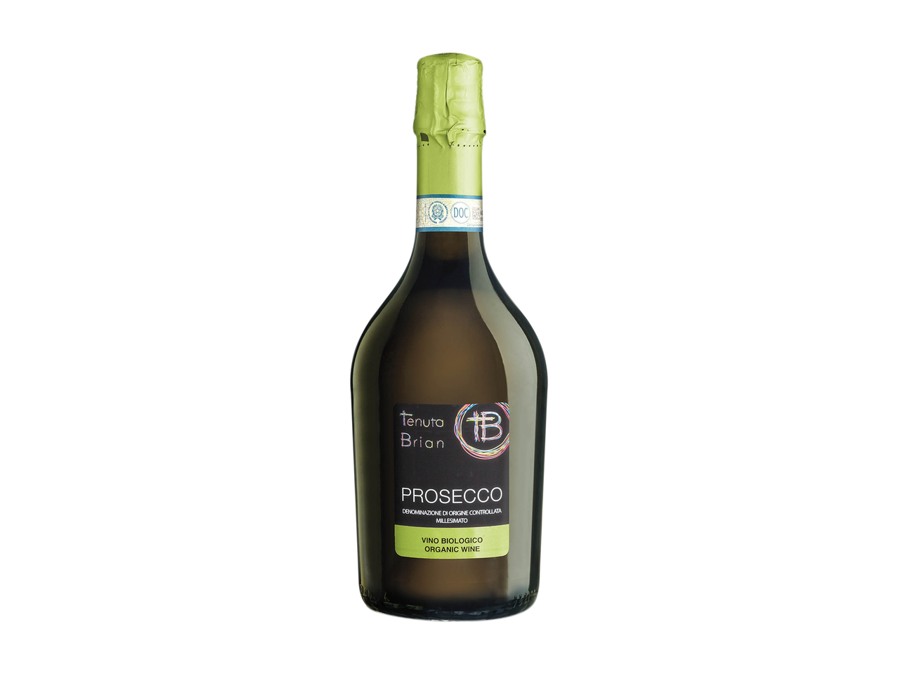Una bottiglia di Prosecco Tenuta Brian con etichetta nera e verde su sfondo nero.