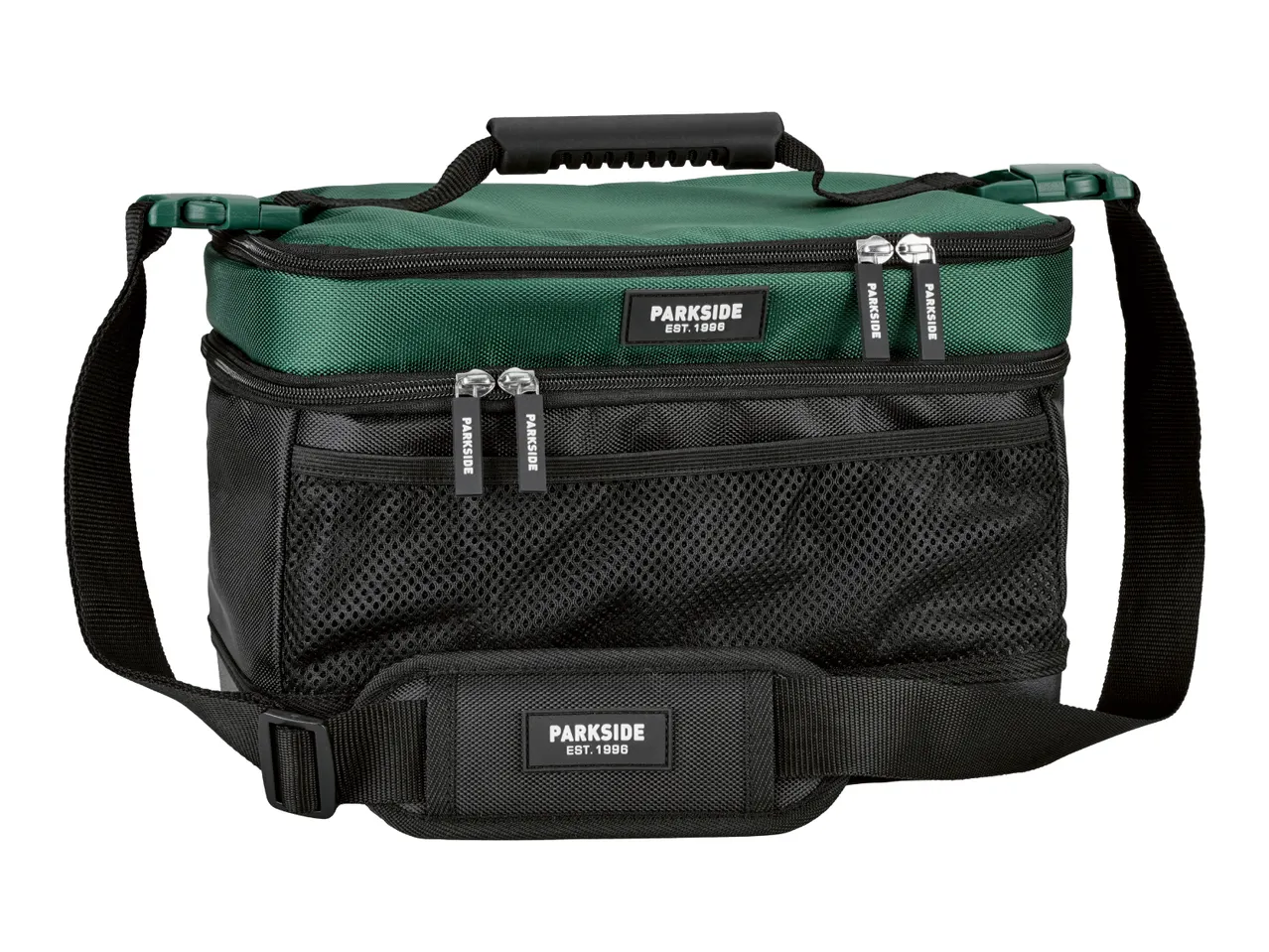 Green and black insulated cooler bag with shoulder strap and multiple compartments.