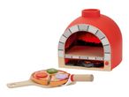 Toy pizza oven with a wooden pizza on a serving board.