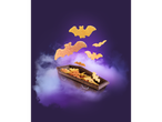 Bat-shaped chips emerging from a coffin on a smoky purple background.