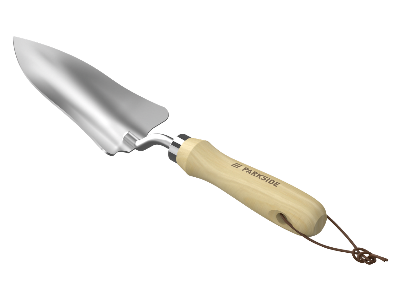 Parkside® sodo kastuvėlis su medine rankena ir odiniu dirželiu.